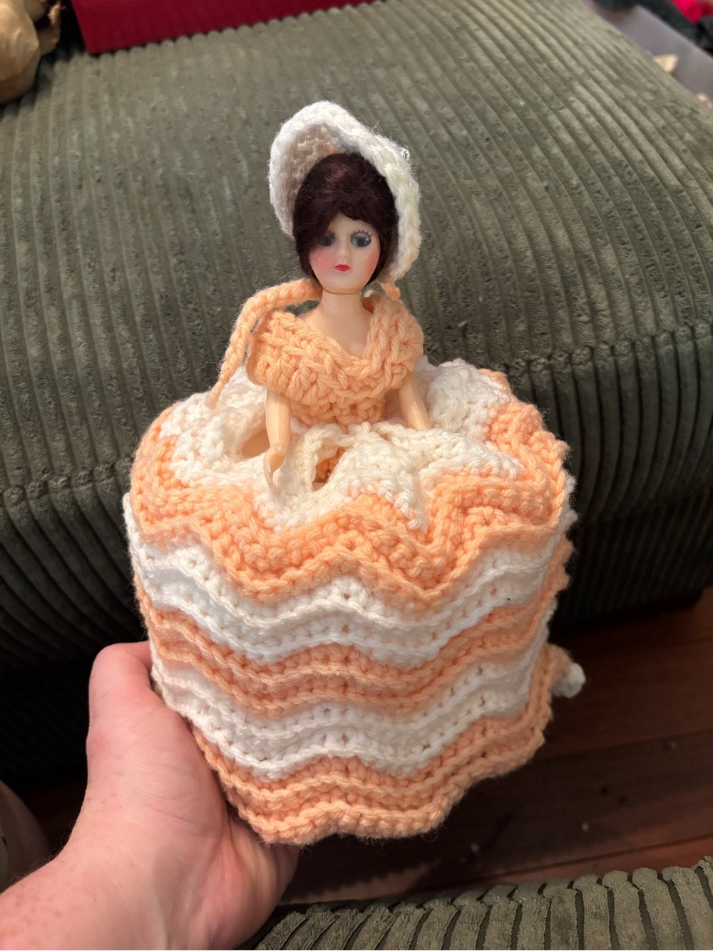 Handmade Peach & White Crochet Doll spare toilet paper roll Cover with Bonnet